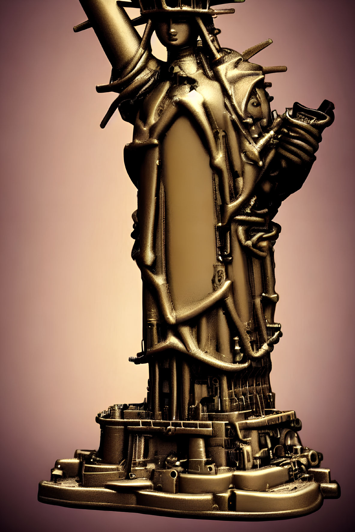 Metallic Statue of Liberty with Industrial Elements on Pink Background