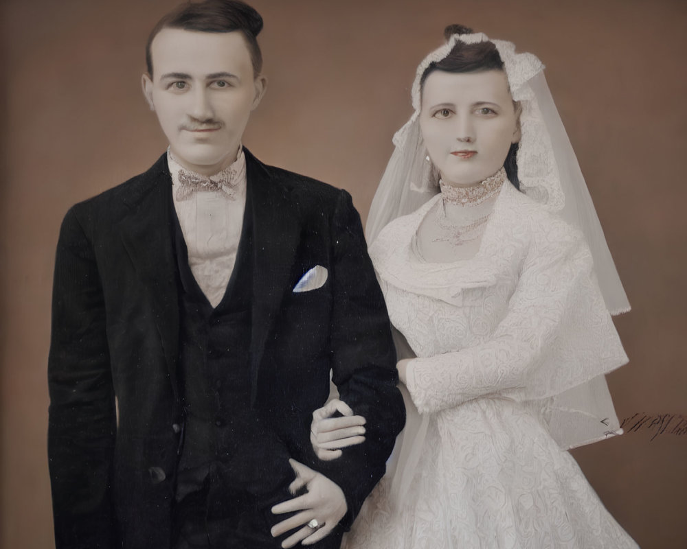 Classic Vintage Wedding Photo: Couple in Suit and White Gown