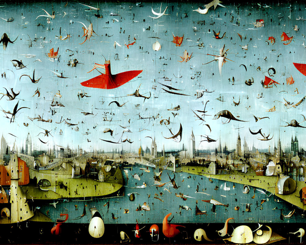 Surreal painting with bizarre creatures and objects above quaint townscape