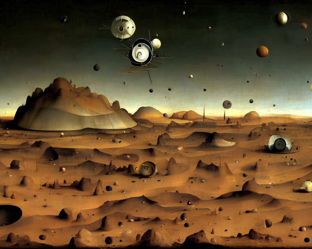 Extraterrestrial landscape with starship, planets, moons, and floating rocks