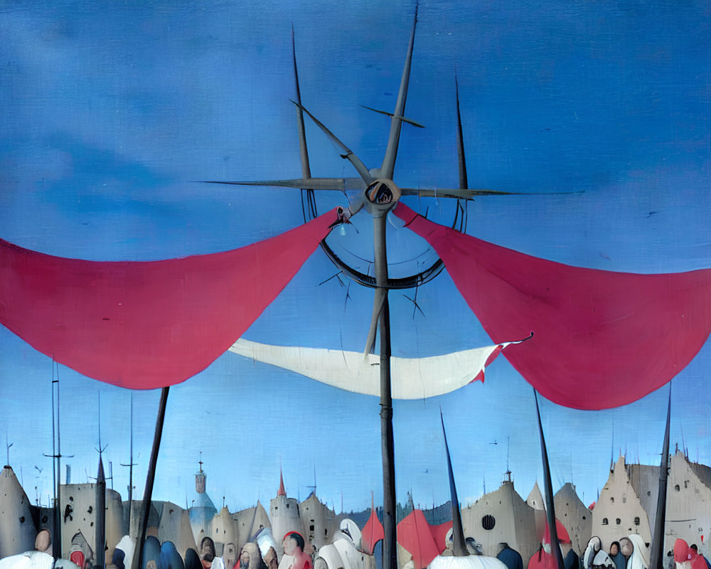 Medieval tent spires with white and red fabric banners under blue sky