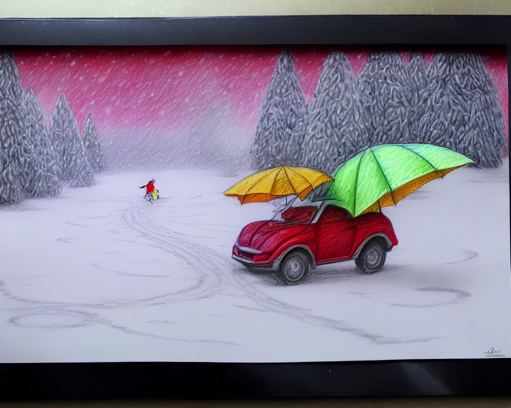 Red car with open green and yellow umbrellas in snowy landscape with lone figure and falling snow