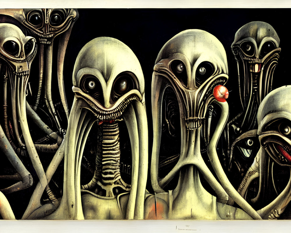 Surreal Artwork: Row of Humanoid Figures with Elongated Skull-like Heads