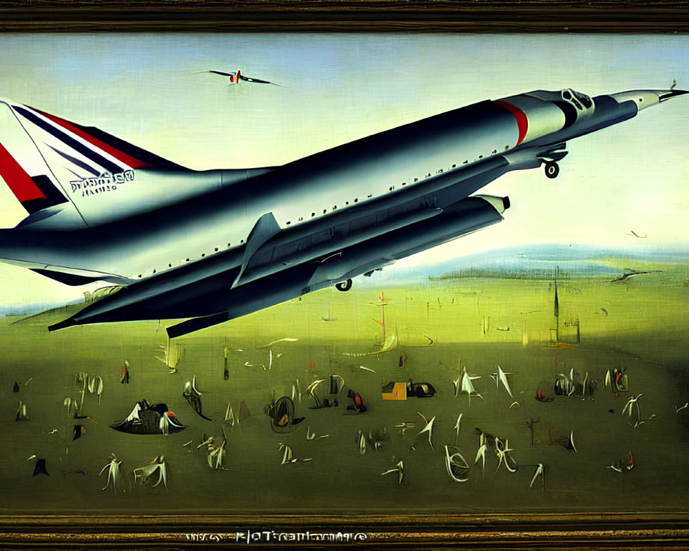 Surreal Concorde aircraft takeoff scene with scattered chairs and figures