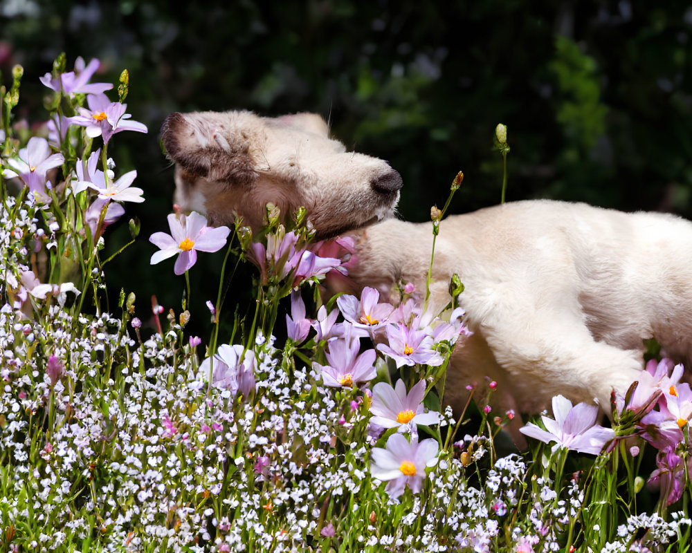 Happy dog surrounded by colorful wildflowers in sunny garden