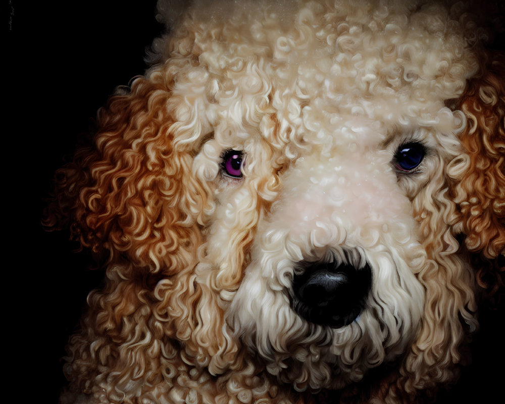 Curly white and tan poodle with dark eyes and black nose on dark background