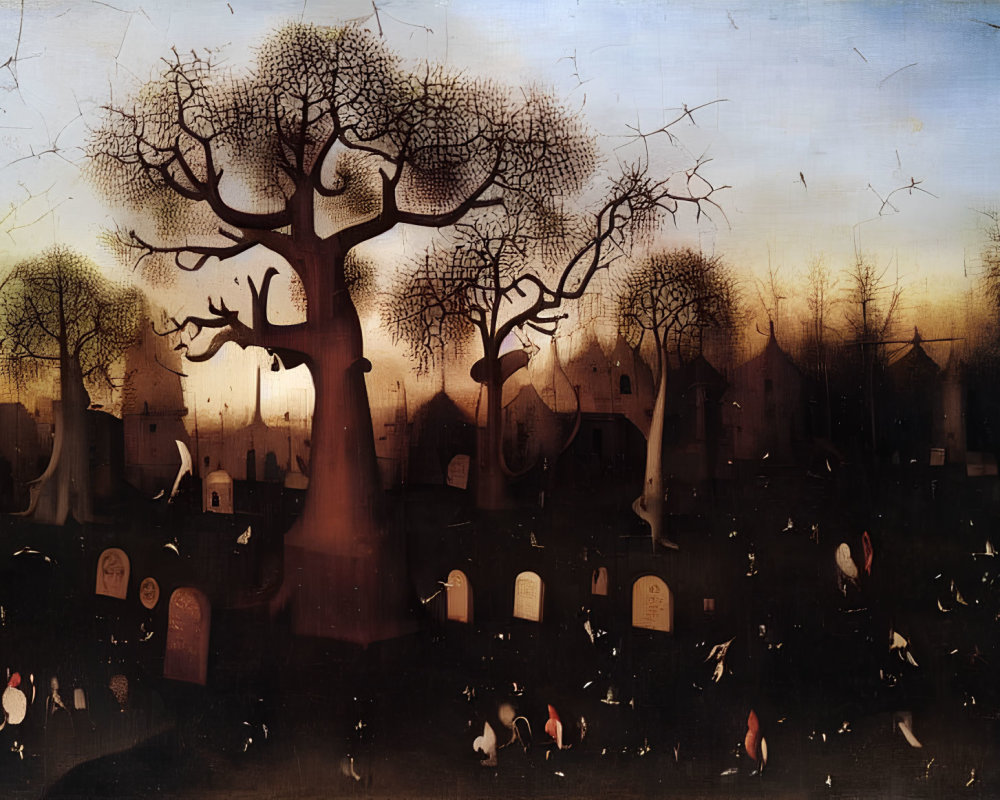 Twilight cemetery scene with leafless trees and gravestones