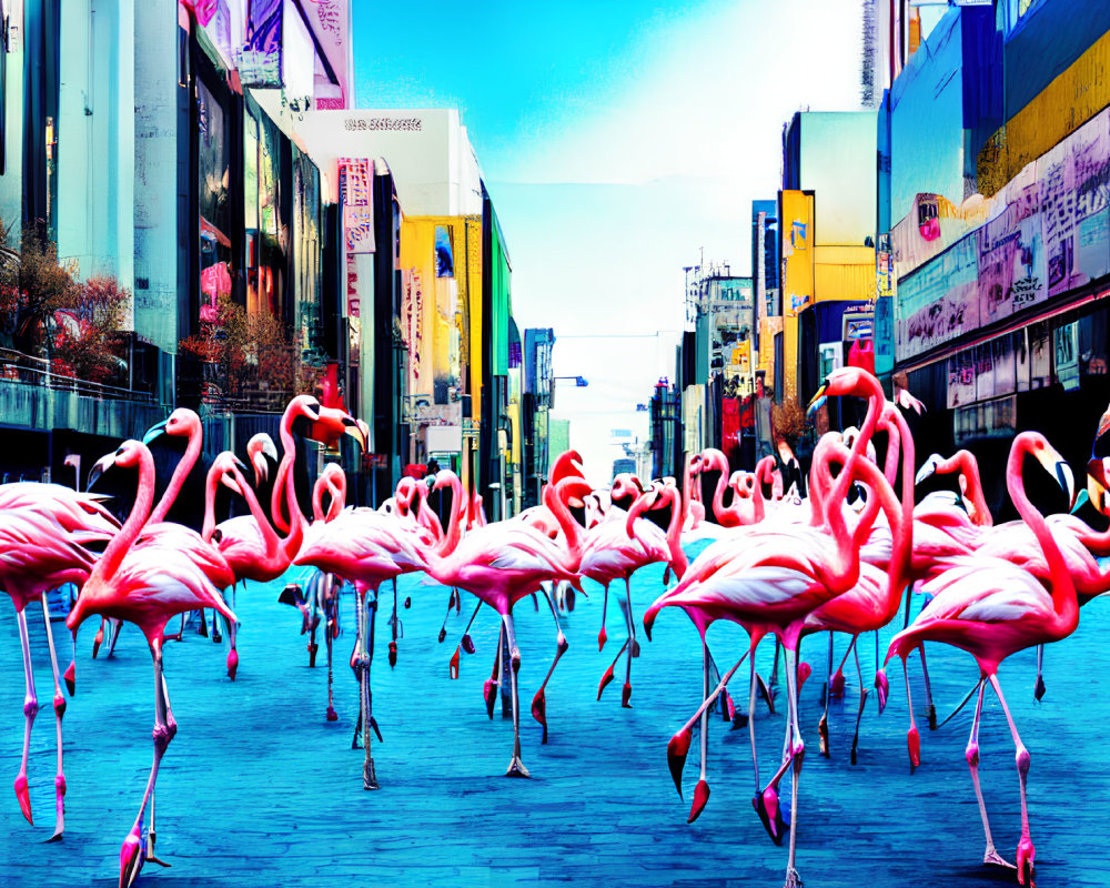 Colorful digital art: Pink flamingos in urban street scene