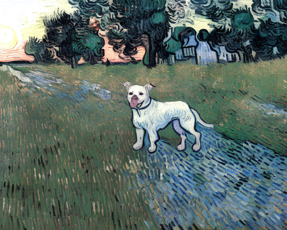 Digital artwork: Dog blended into Van Gogh's "Starry Night" landscape