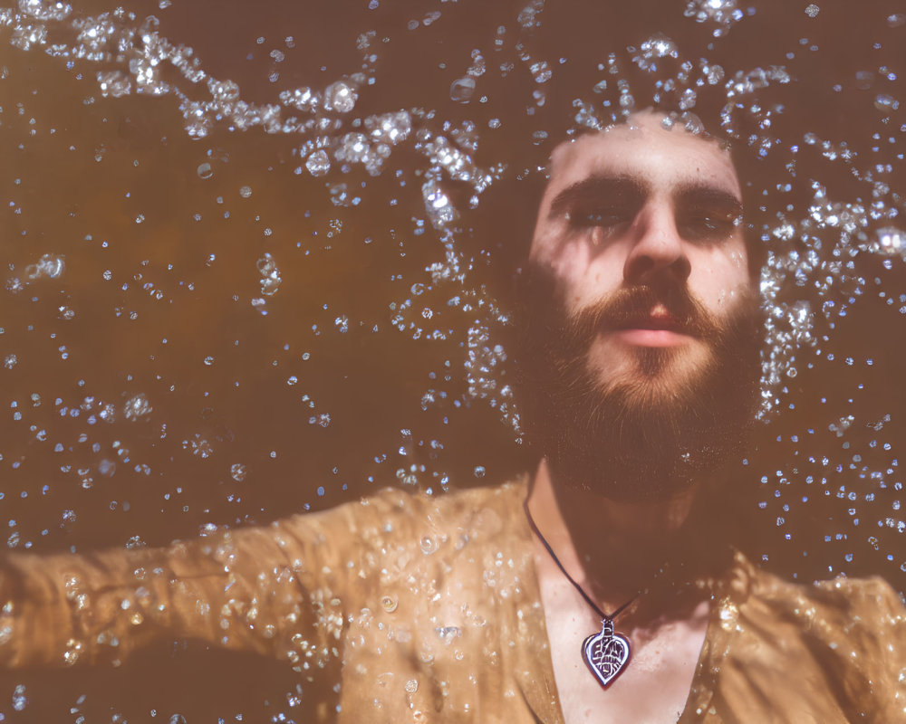 Man with beard in water, bubbles, necklace, yellow shirt, serene expression