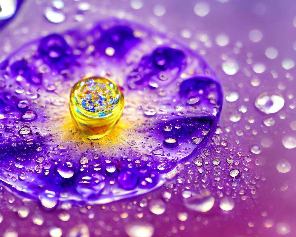 Colorful macro photo of droplet on flower petal with bokeh background