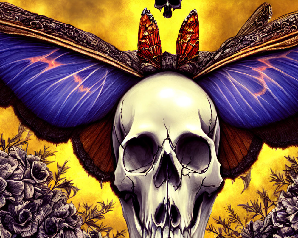 Skull with Blue and Black Butterfly Wings on Yellow Background