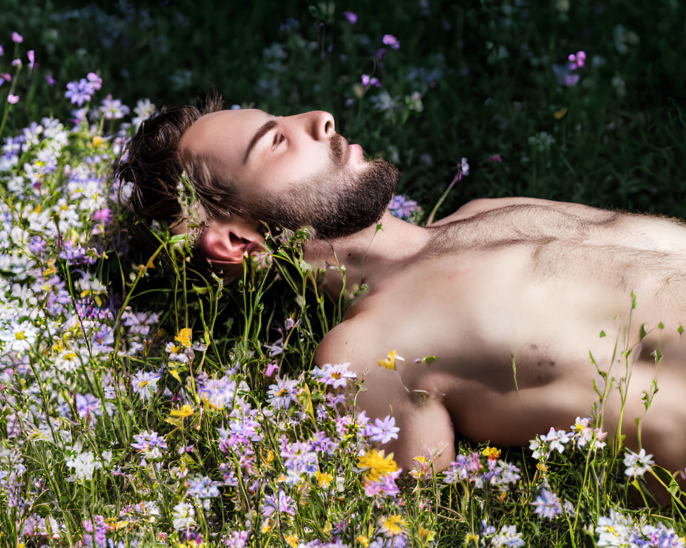 Bearded man lying among colorful wildflowers