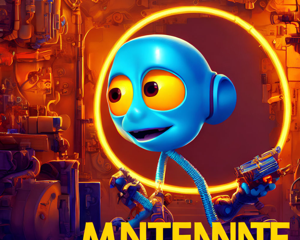 Blue robot with large eyes and headset on mechanical background with orange lighting and "ANTENNATE" displayed