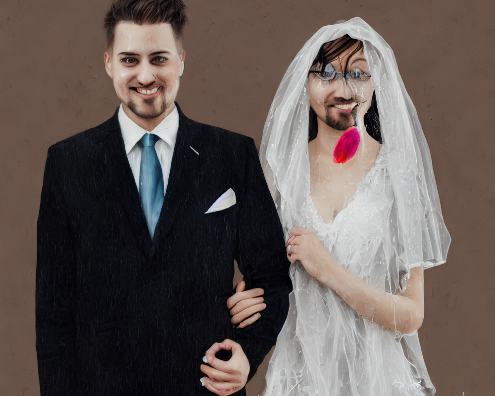 Digital Artwork: Two Individuals in Black Suit and White Bridal Gown