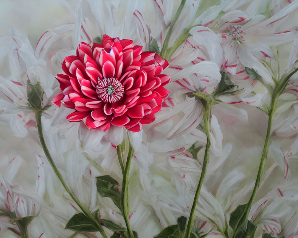 Colorful Red and Pink Dahlia with White Petals on Ethereal Background