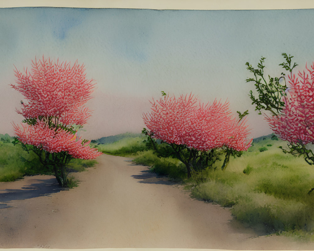 Scenic pathway with pink blossoming trees in watercolor