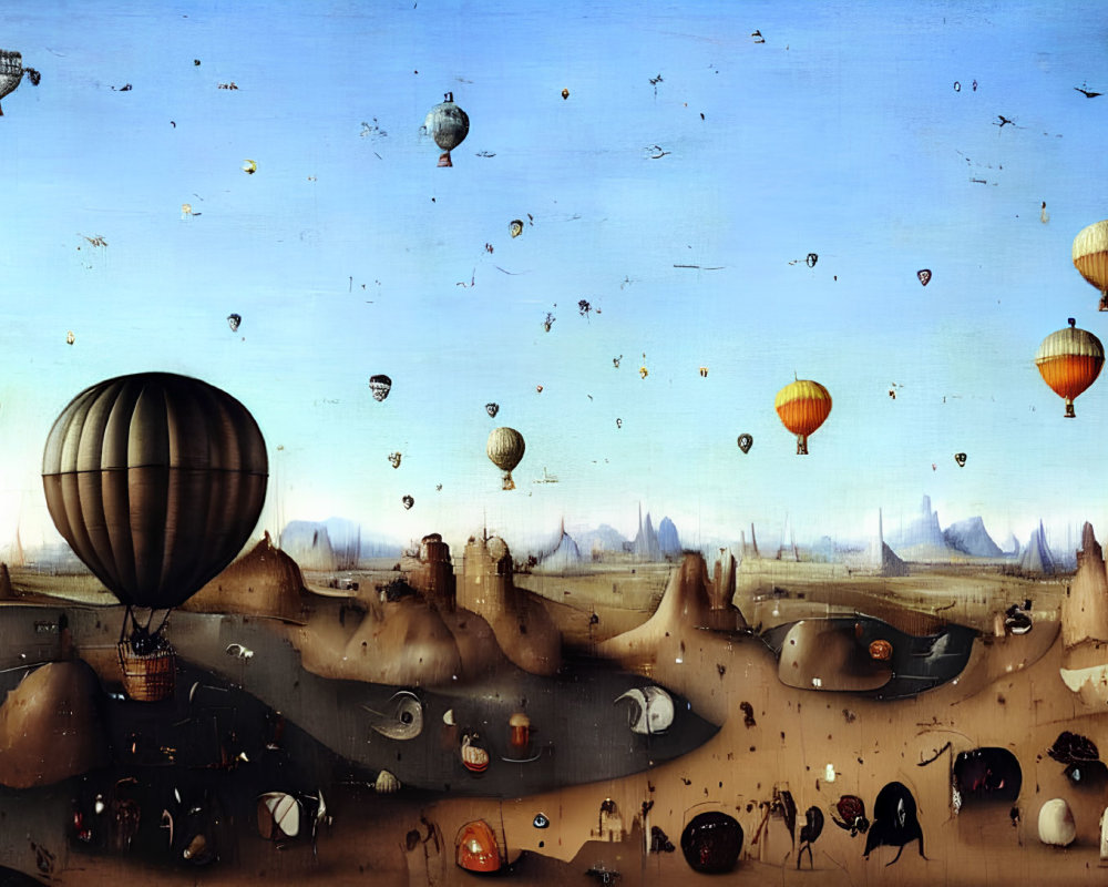 Surreal landscape with hot air balloons, whimsical creatures, and rocky formations