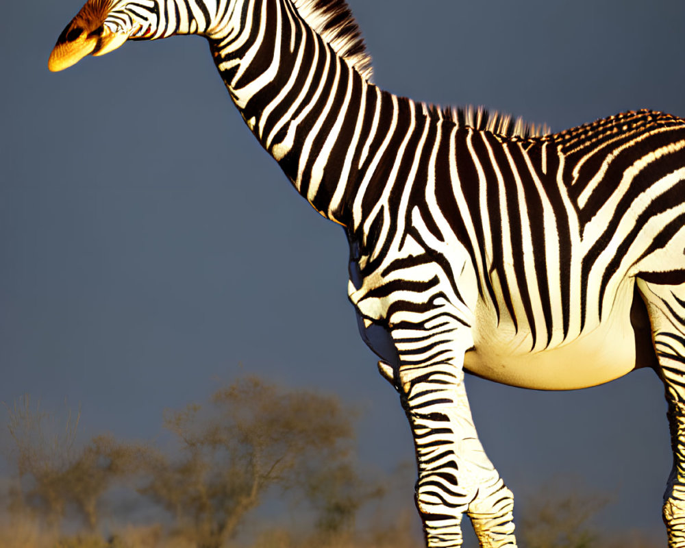 Unusually long-necked zebra in savannah at golden hour