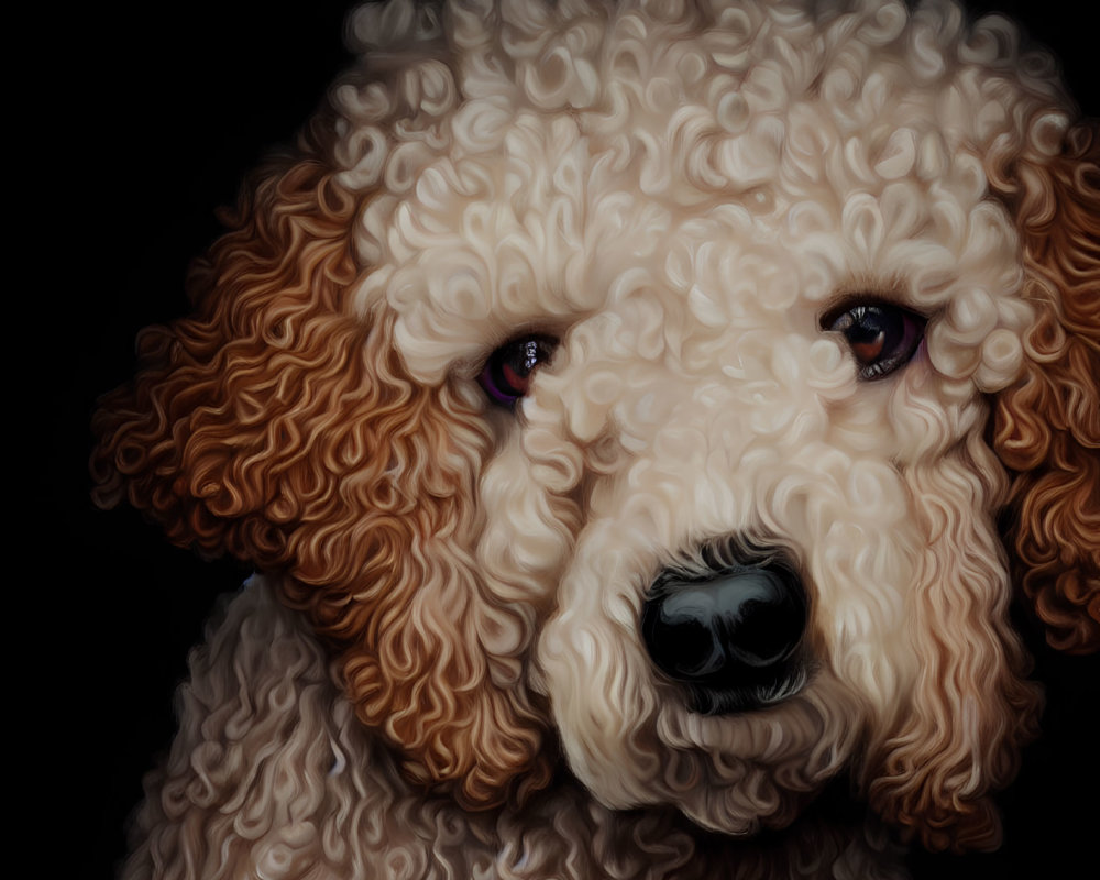 Cream-Colored Poodle with Curly Fur and Soulful Eyes on Dark Background