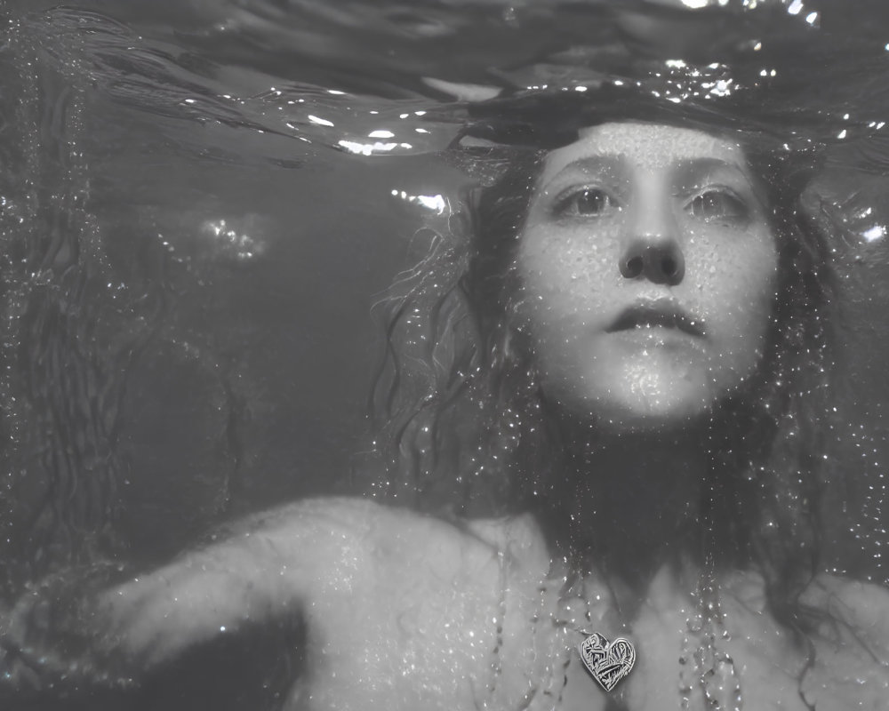 Monochrome image: Woman in water with serene expression