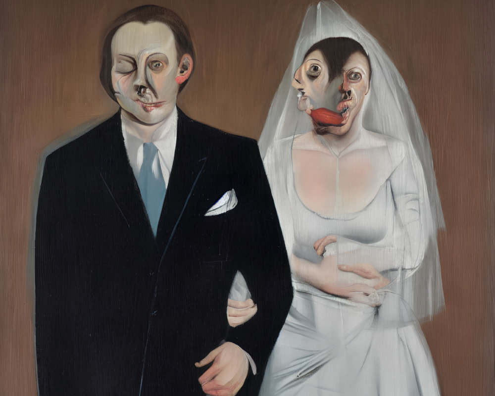 Exaggerated bride and groom painting with unsettling expressions