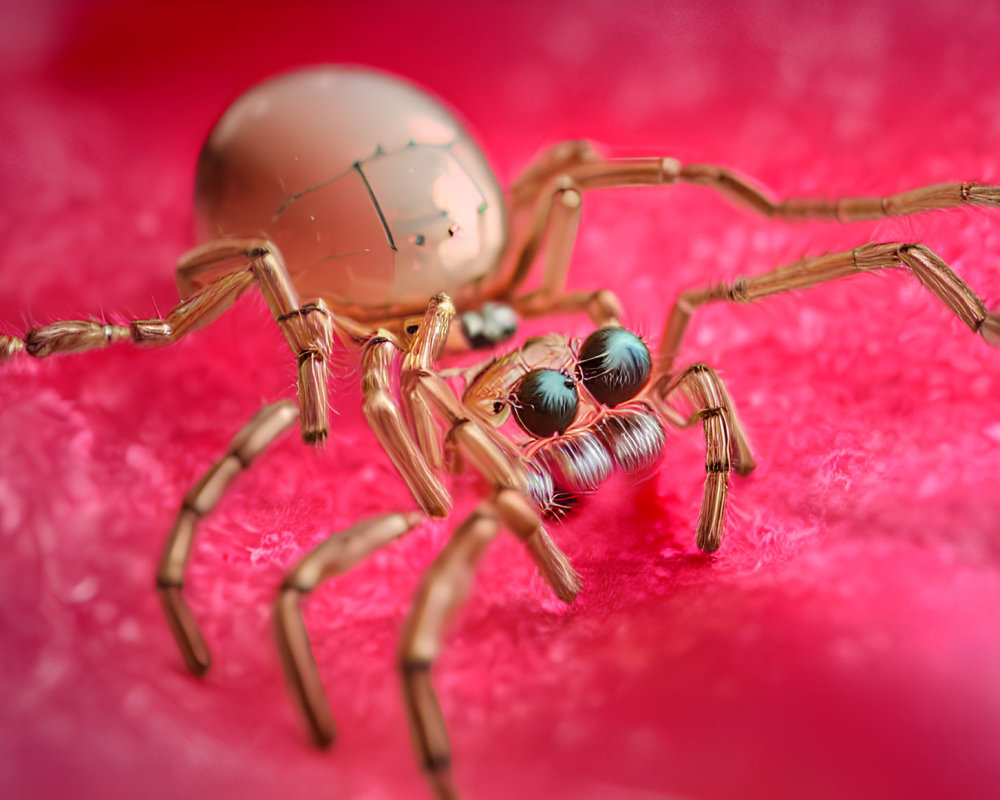 Macro Spider on Textured Red Surface: Reflective Abdomen & Detailed Eyes