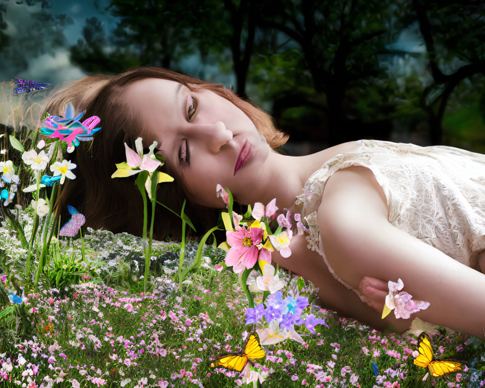 Woman in Colorful Flower Field with Butterflies and Dreamy Sky