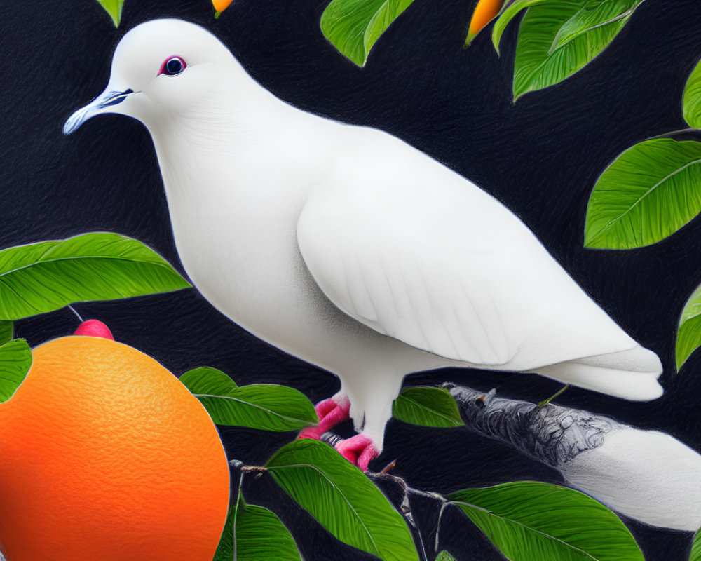 White Bird with Red Eyes Among Green Leaves and Orange Fruit on Textured Black Background