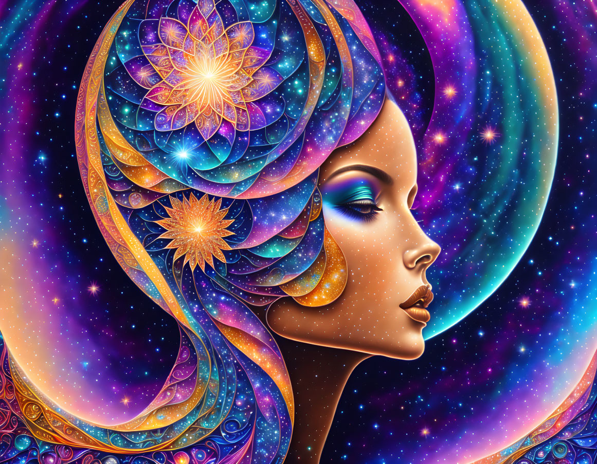 Colorful cosmic-themed woman's profile illustration with stars, galaxies, and fractal patterns.