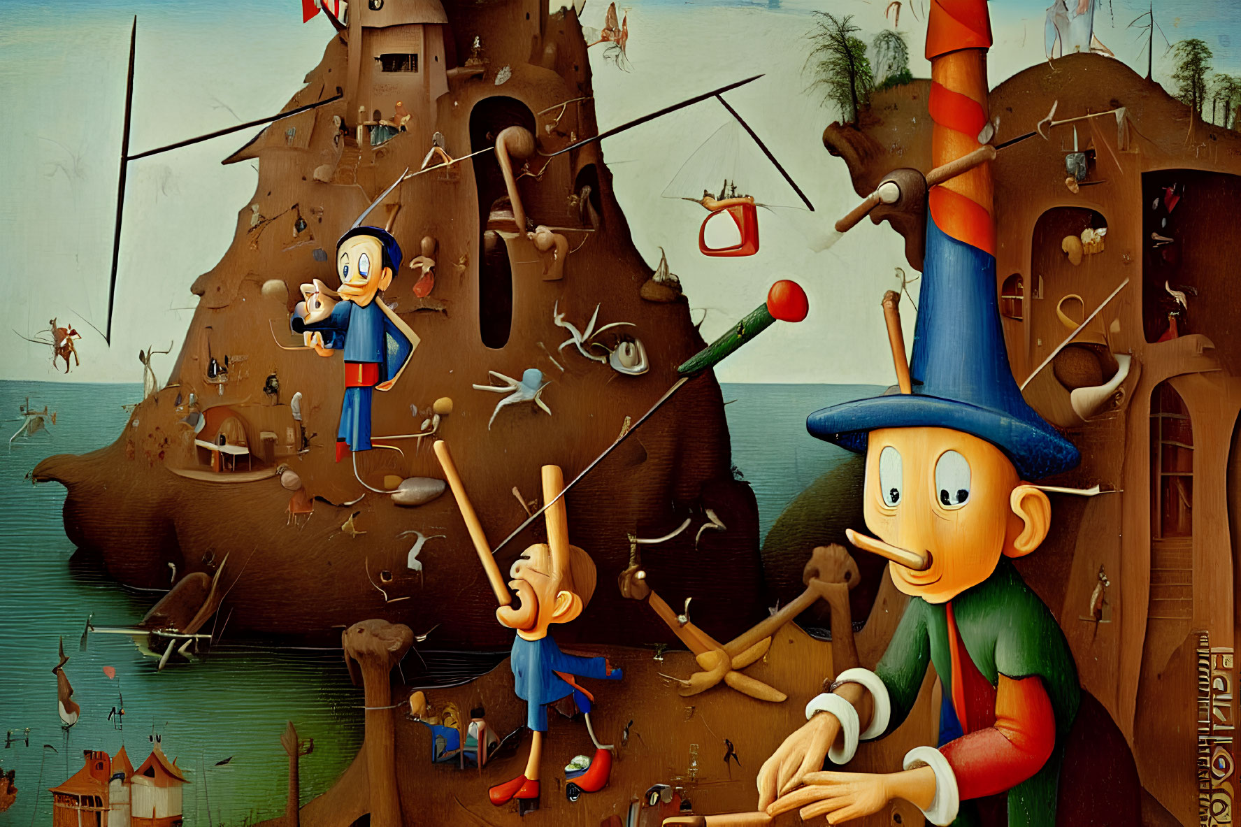 Surreal painting of whimsical figures in a bizarre landscape