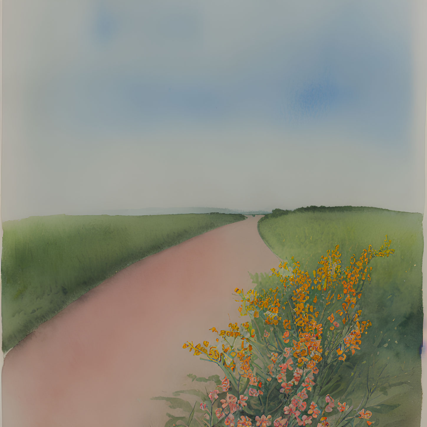 Tranquil Watercolor Landscape with Pink Path and Wildflowers