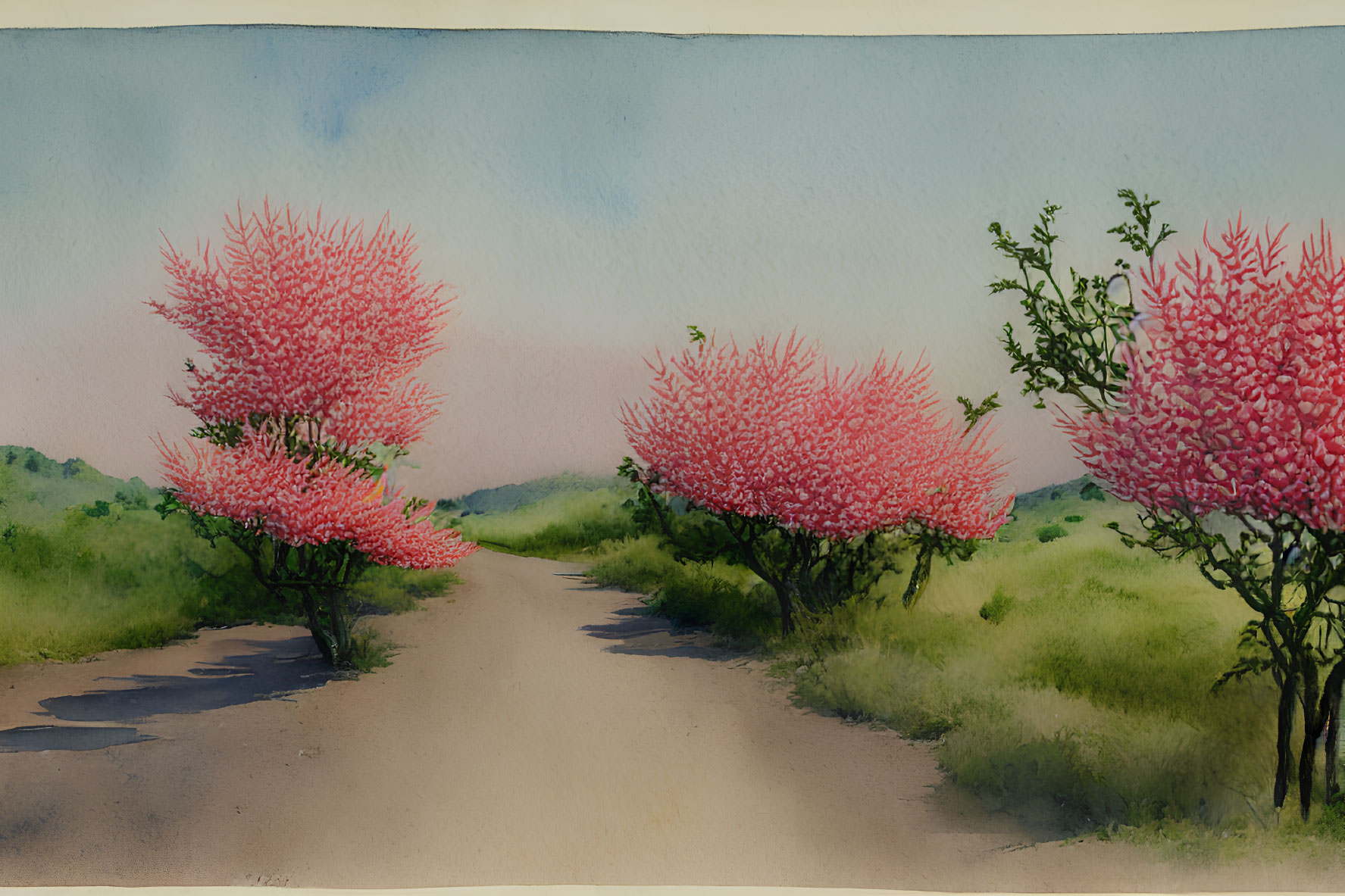 Scenic pathway with pink blossoming trees in watercolor