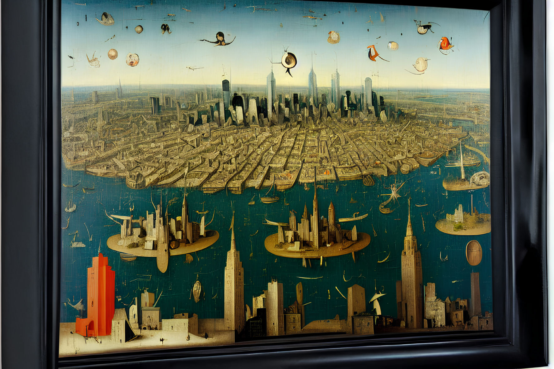 Fantastical aerial city painting with flying boats and balloons.