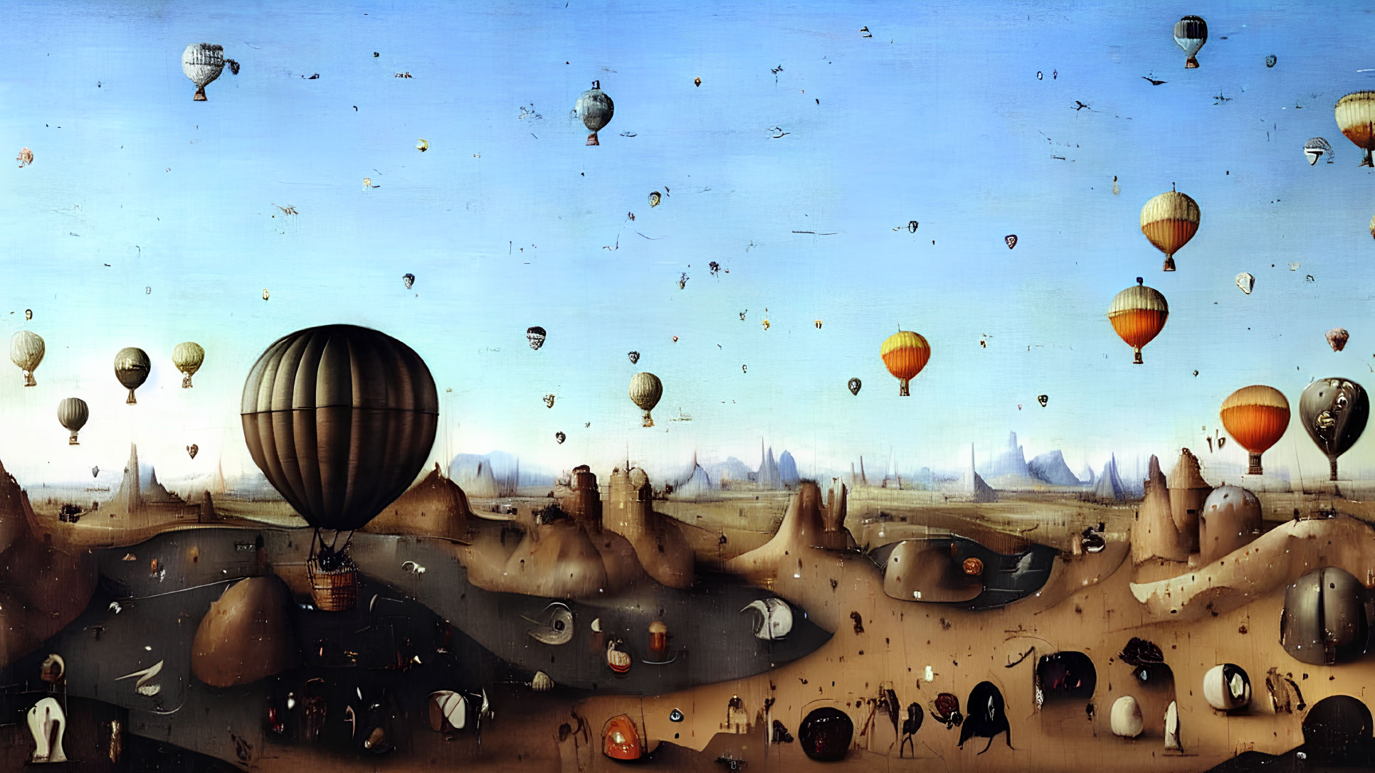 Surreal landscape with hot air balloons, whimsical creatures, and rocky formations