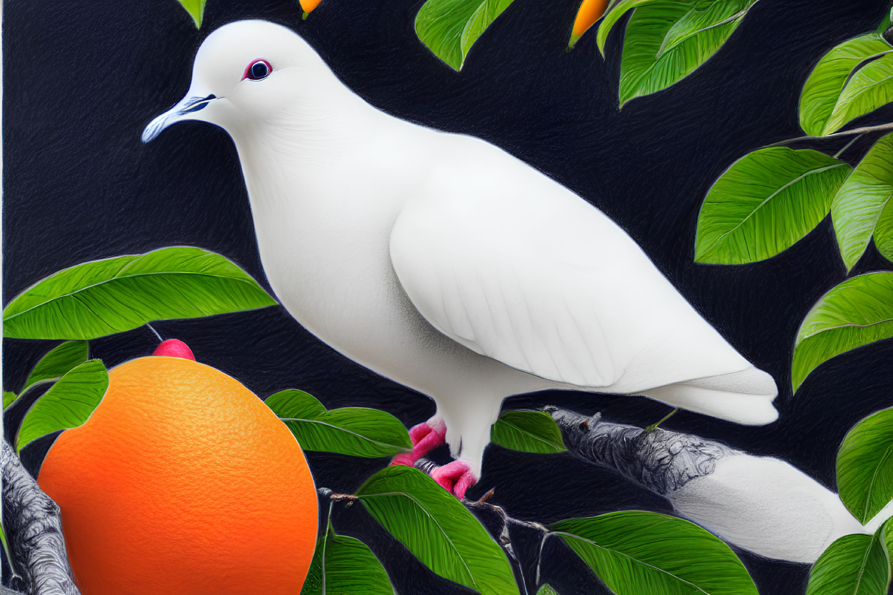 White Bird with Red Eyes Among Green Leaves and Orange Fruit on Textured Black Background