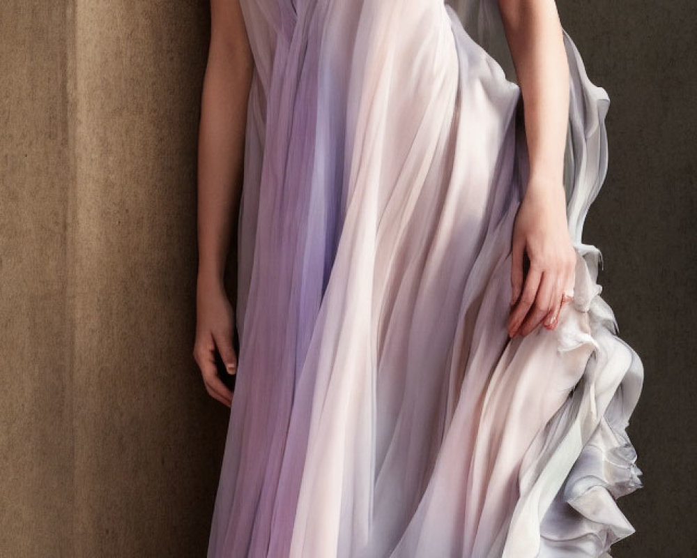 Elegant purple and white gradient gown on beige background