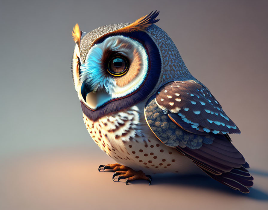 Stylized 3D illustration of cute owl with large eyes and intricate feather patterns