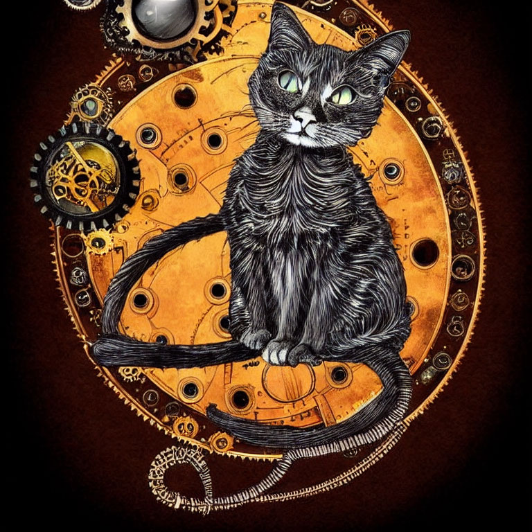Stylized black and white cat with green eyes in golden gears.