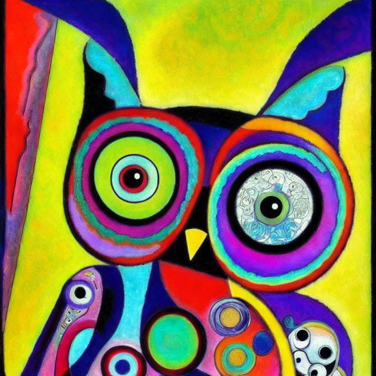 Colorful Abstract Owl Painting with Concentric Ring-Patterned Eyes