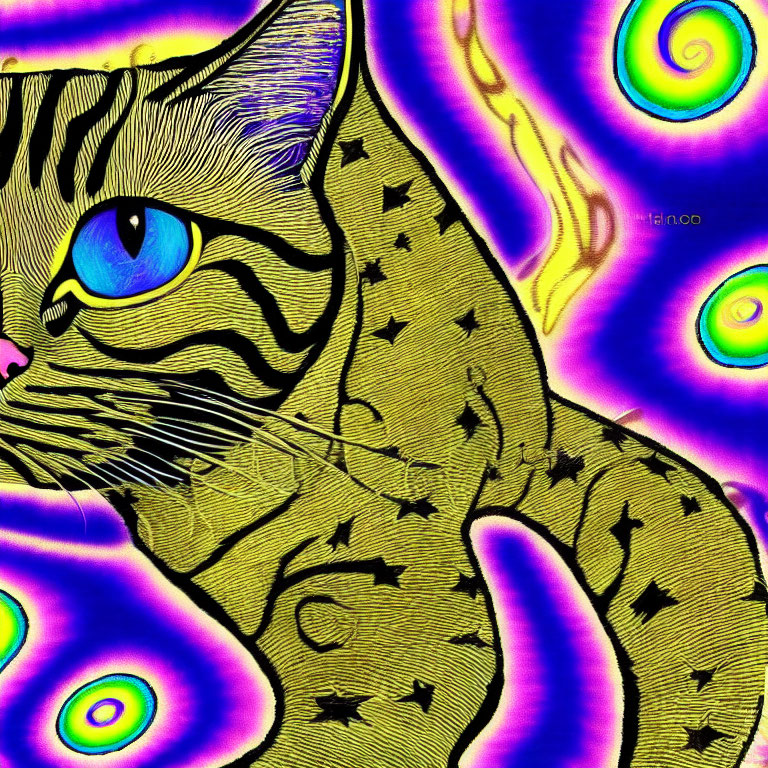 Stylized yellow cat on psychedelic purple background
