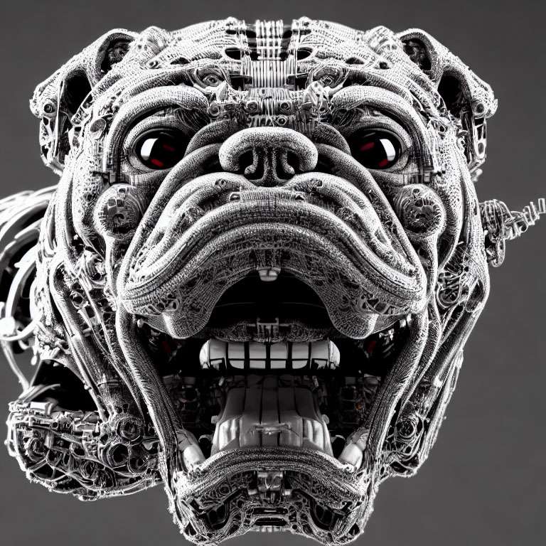 Detailed 3D rendering of mechanical bulldog head with glowing red eyes