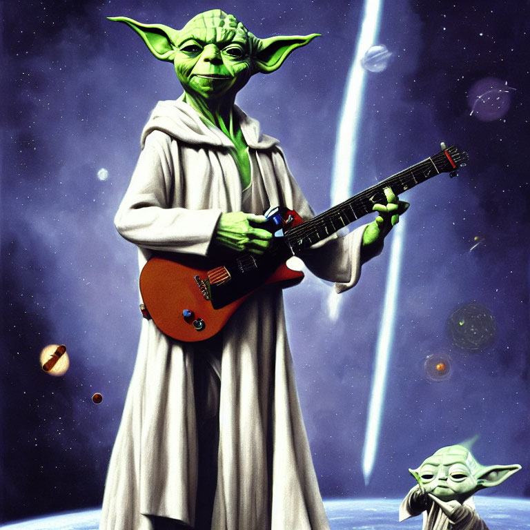 Two Yoda characters with orange electric guitar in space.