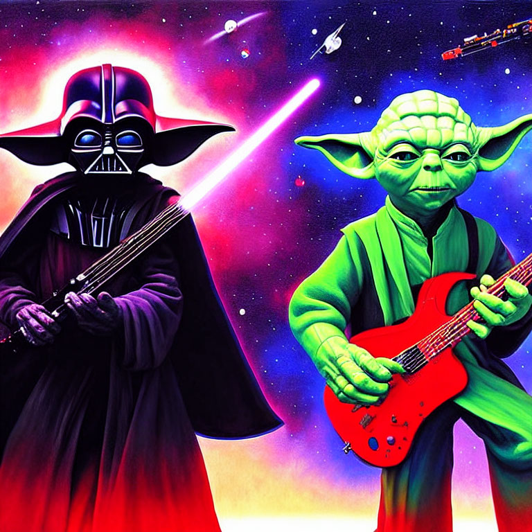 Sci-fi characters as musicians against cosmic backdrop