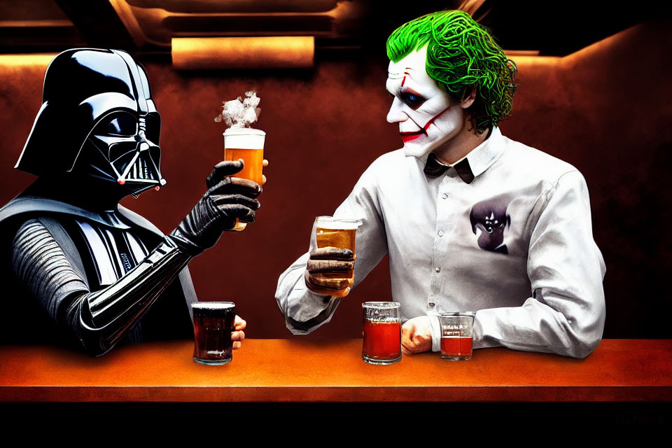 Iconic villains sharing a drink in a warm bar scene