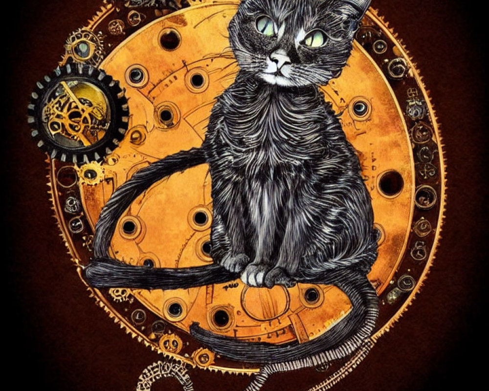 Stylized black and white cat with green eyes in golden gears.