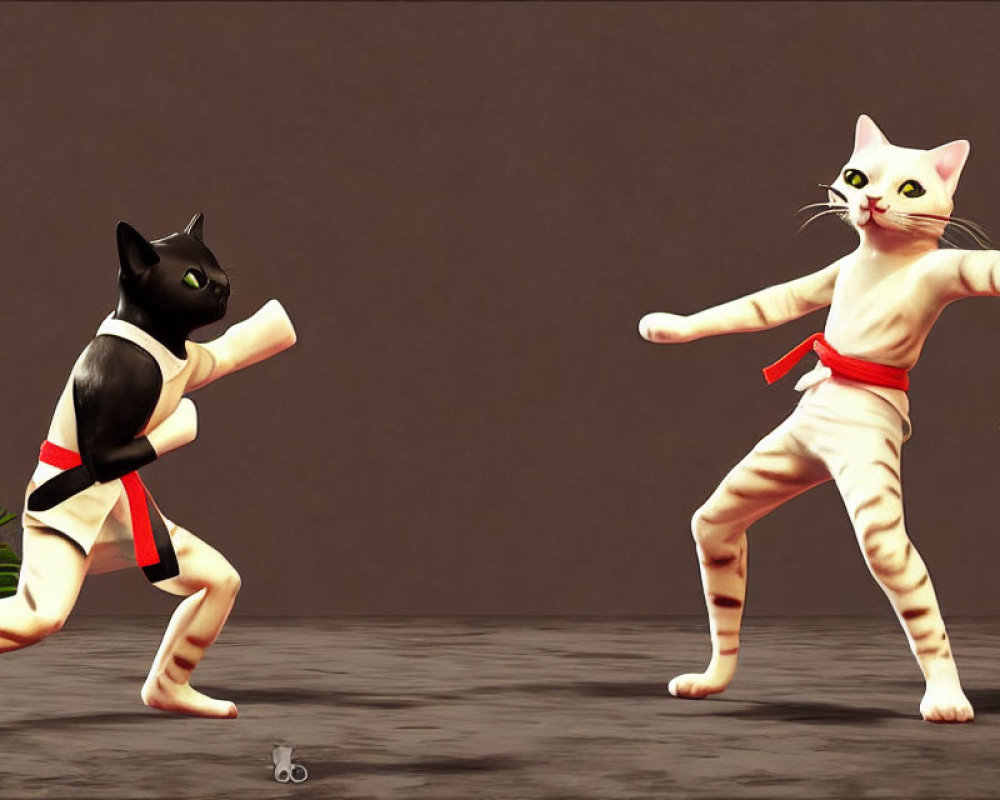 Animated cats in karate attire with black belts in dojo setting