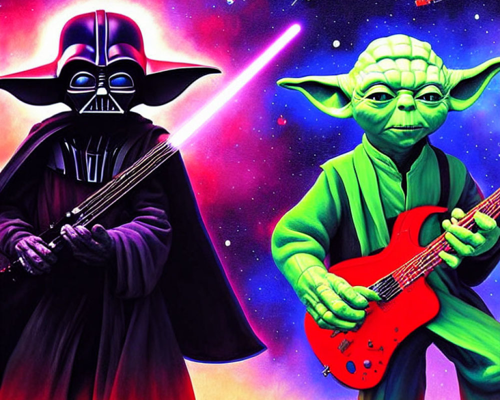 Sci-fi characters as musicians against cosmic backdrop