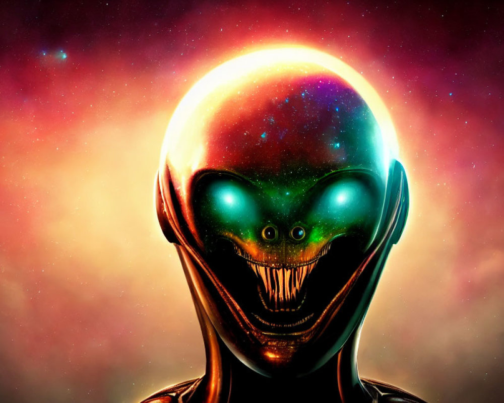 Iridescent humanoid figure with glowing eyes in cosmic setting