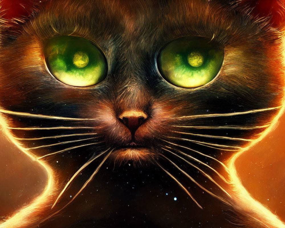 Cosmic cat digital art with glowing green eyes in starry space backdrop